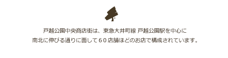 戸越公園中央商店街は、東急大井線 戸越公園駅を中心に南北に伸びる通りに面して60店舗ほどのお店で構成されています。